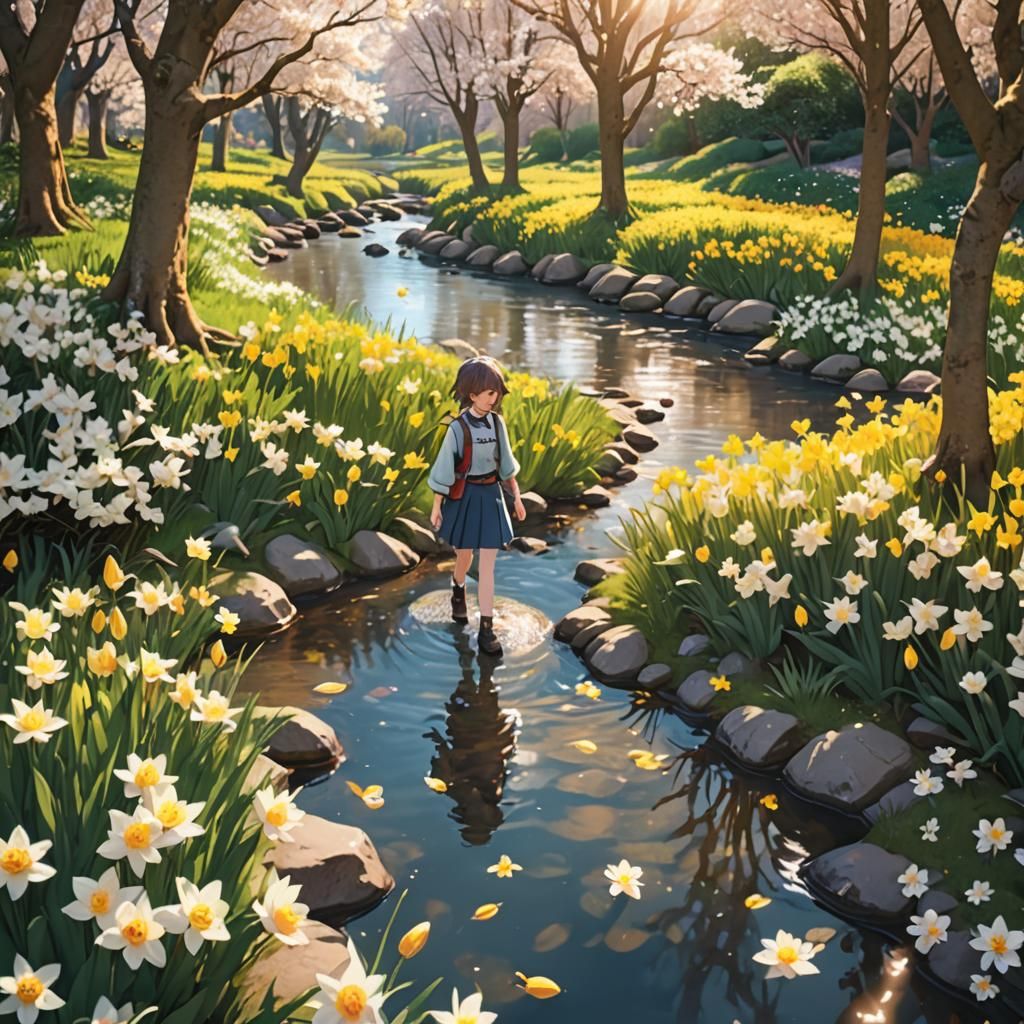 Whimsical Anime Art: Cute Raggamuffin Walks River Stream Ami...