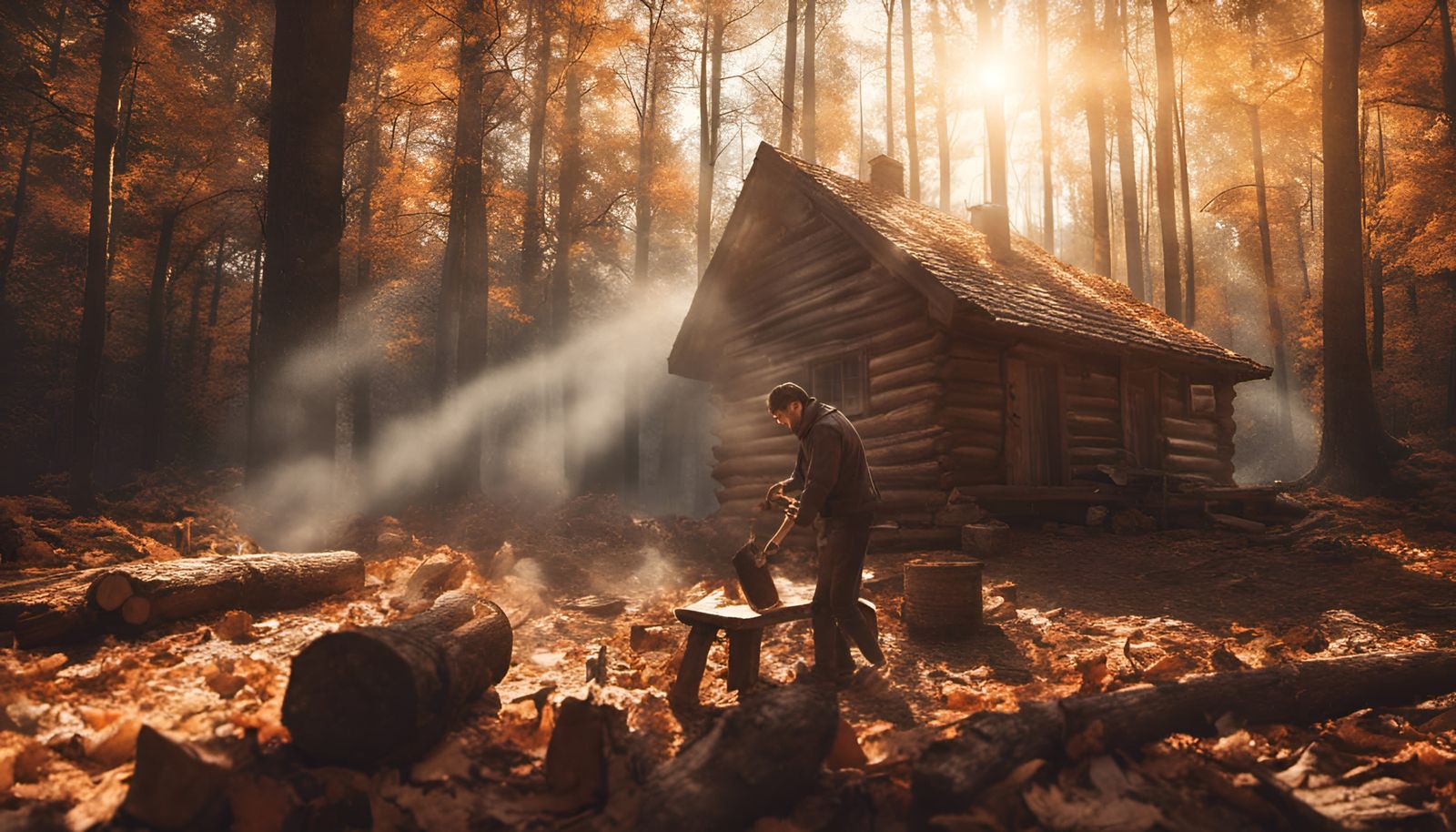 A man chopping wood next to cabin