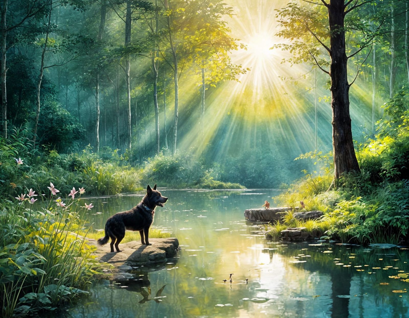 Dog by Pond in Forest, Painterly Style