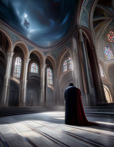 Count Dracula praying on his knees, inside an Orthodox Byzantine Church