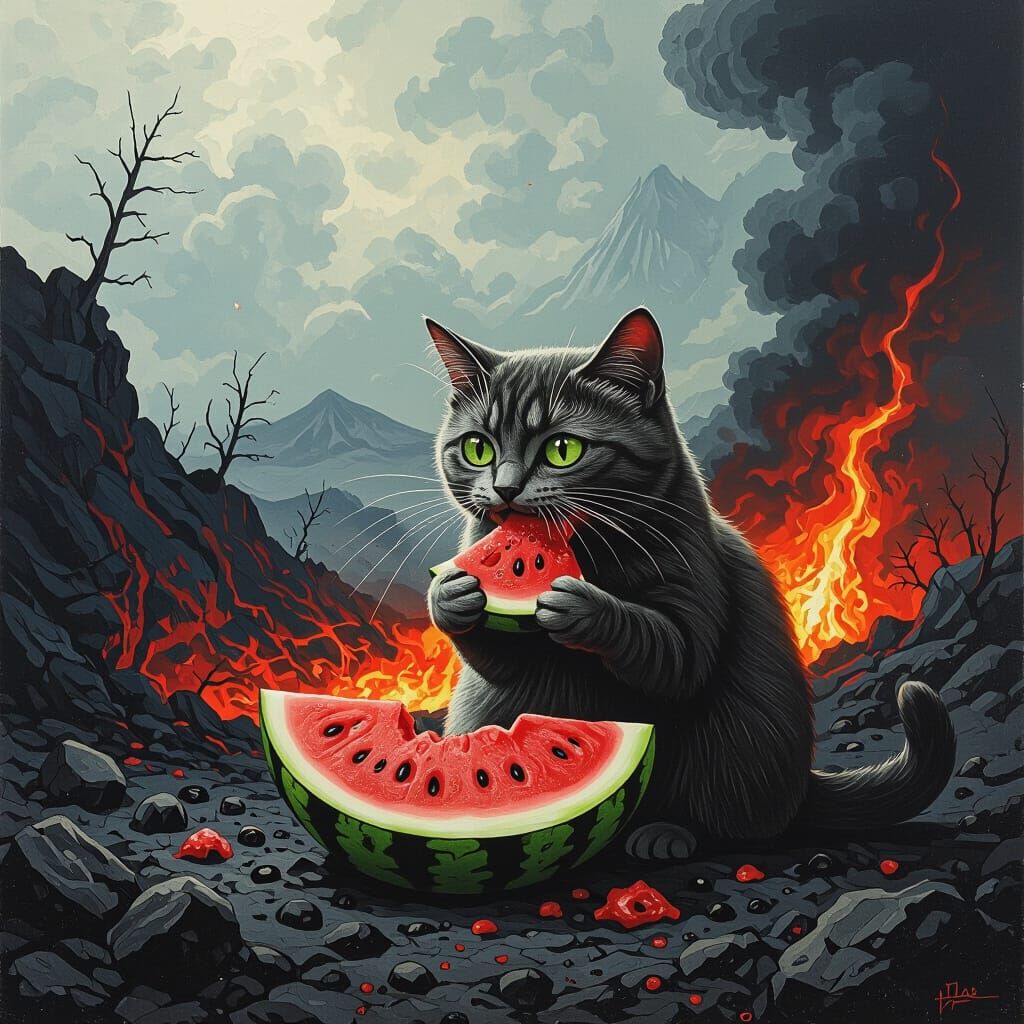Apocalyptic Volcano Cat Eats Watermelon in Surrealist Style