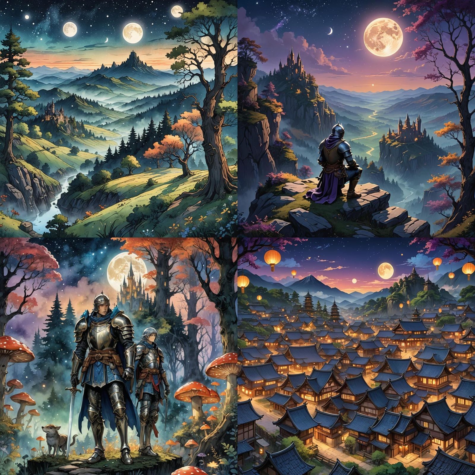 Mythical Medieval Land with Three Moons in Anime Style