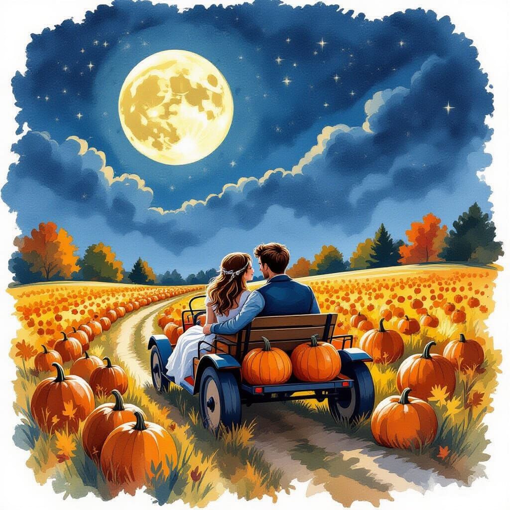 Romantic Hayride Under Harvest Moon in Dark Fantasy Style