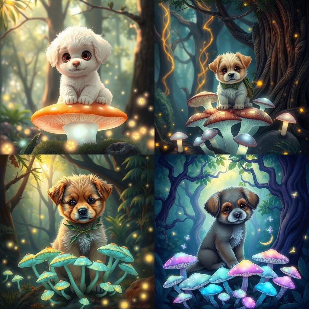 Whimsical Puppy Surrounded by Bioluminescent Forest