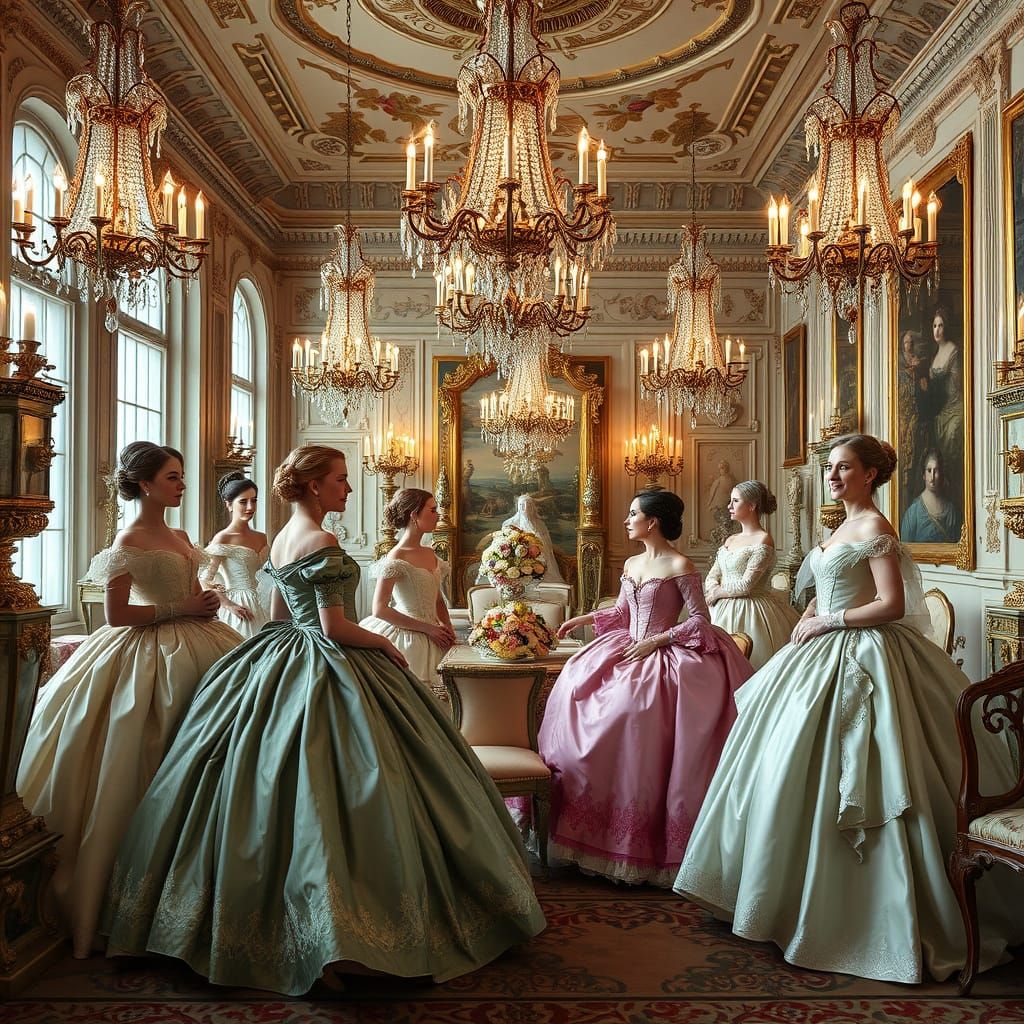 Elegant Women in Ballgowns: Rococo Art Style