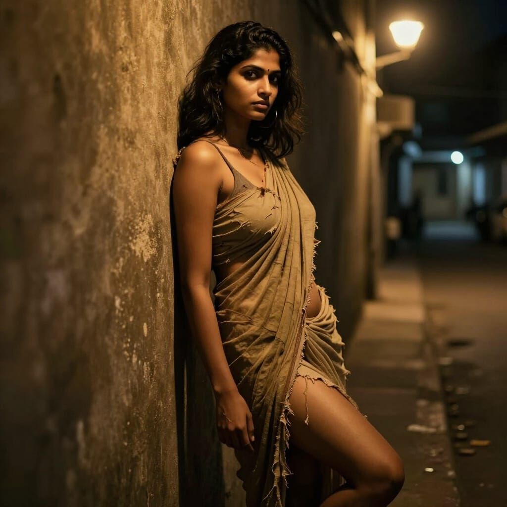 Tamil Woman in Dim Alleyway, Hopeful Glow