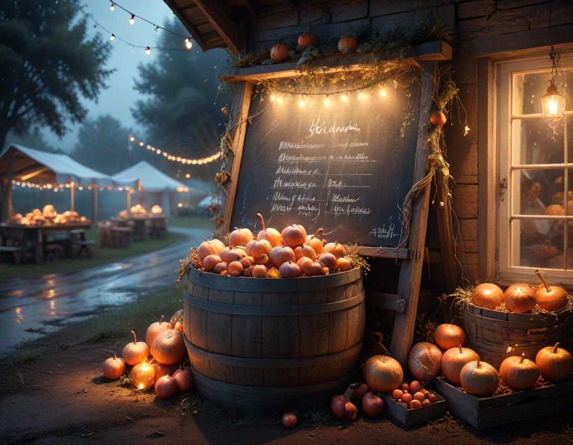 Roadside Farmstand at Dusk with Pumpkins and Apples