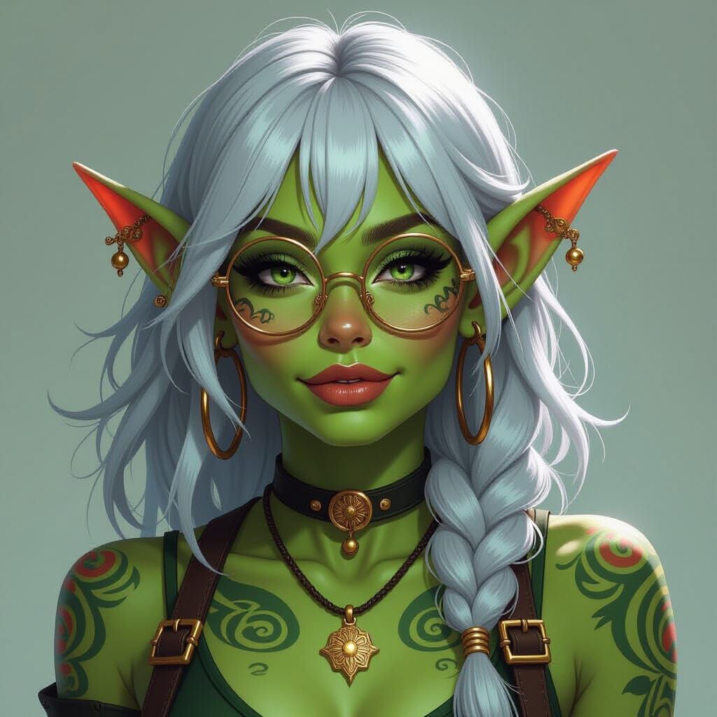 Green Skinned Goblin Woman with Tattoos and Silver Hair
