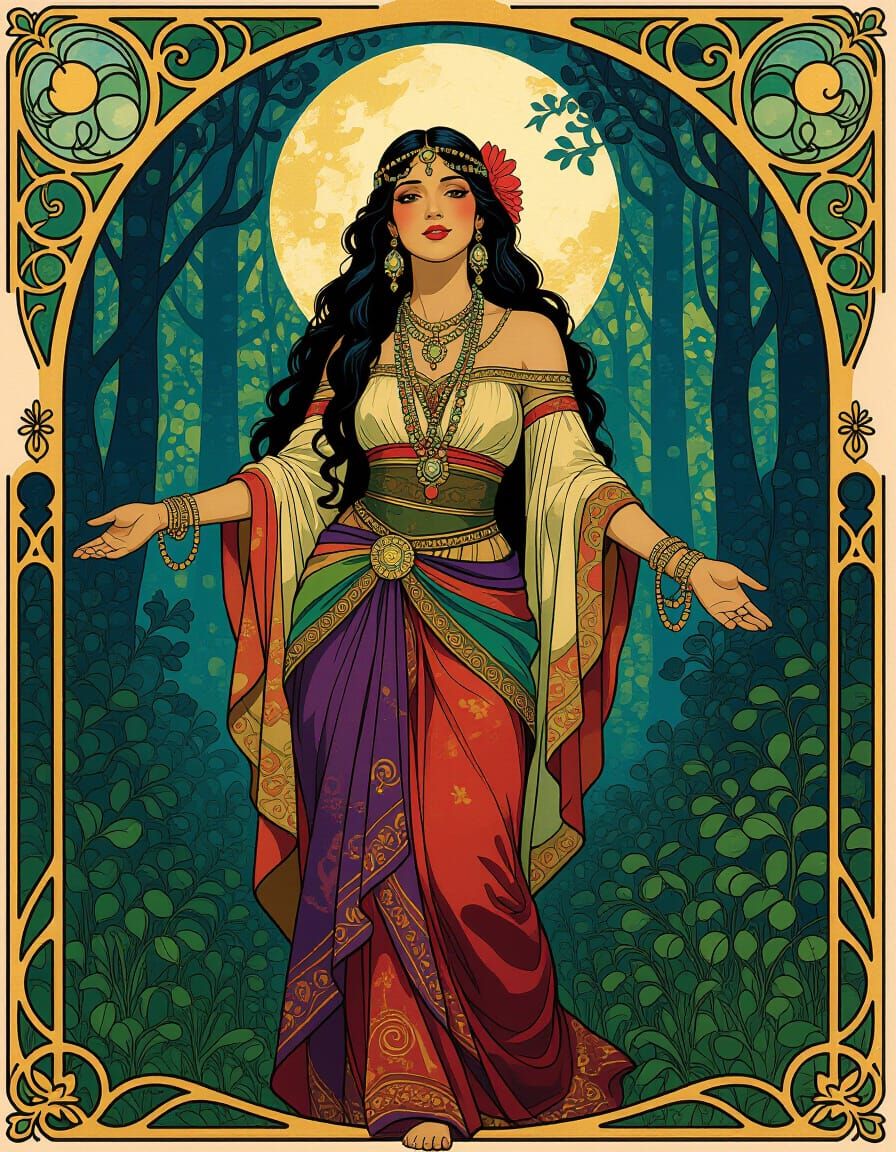 Mystical Gypsy Woman in Moonlit Forest, Art Nouveau Style