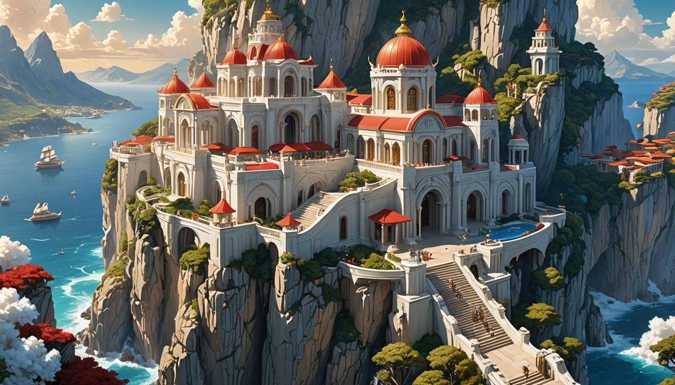 Majestic White Elf Palace on Olympus Cliff