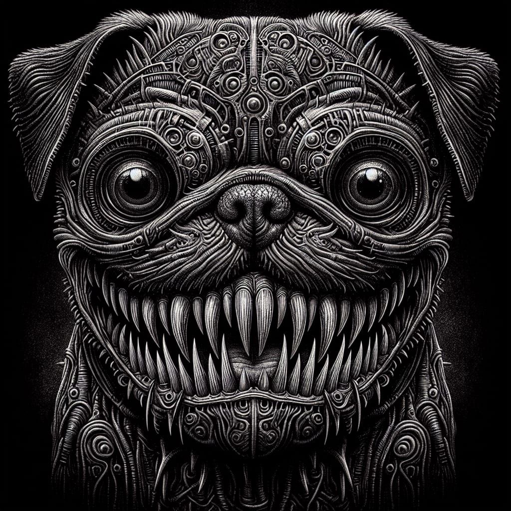 Terrifying Pug Portrait in Gothic Bio-Mechanical Style