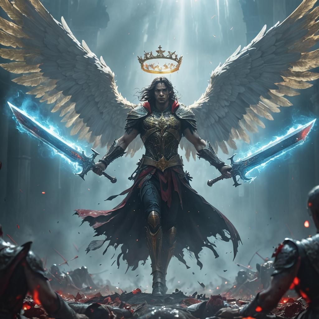 Fallen Angel with Red Swords in Dark Fantasy Art