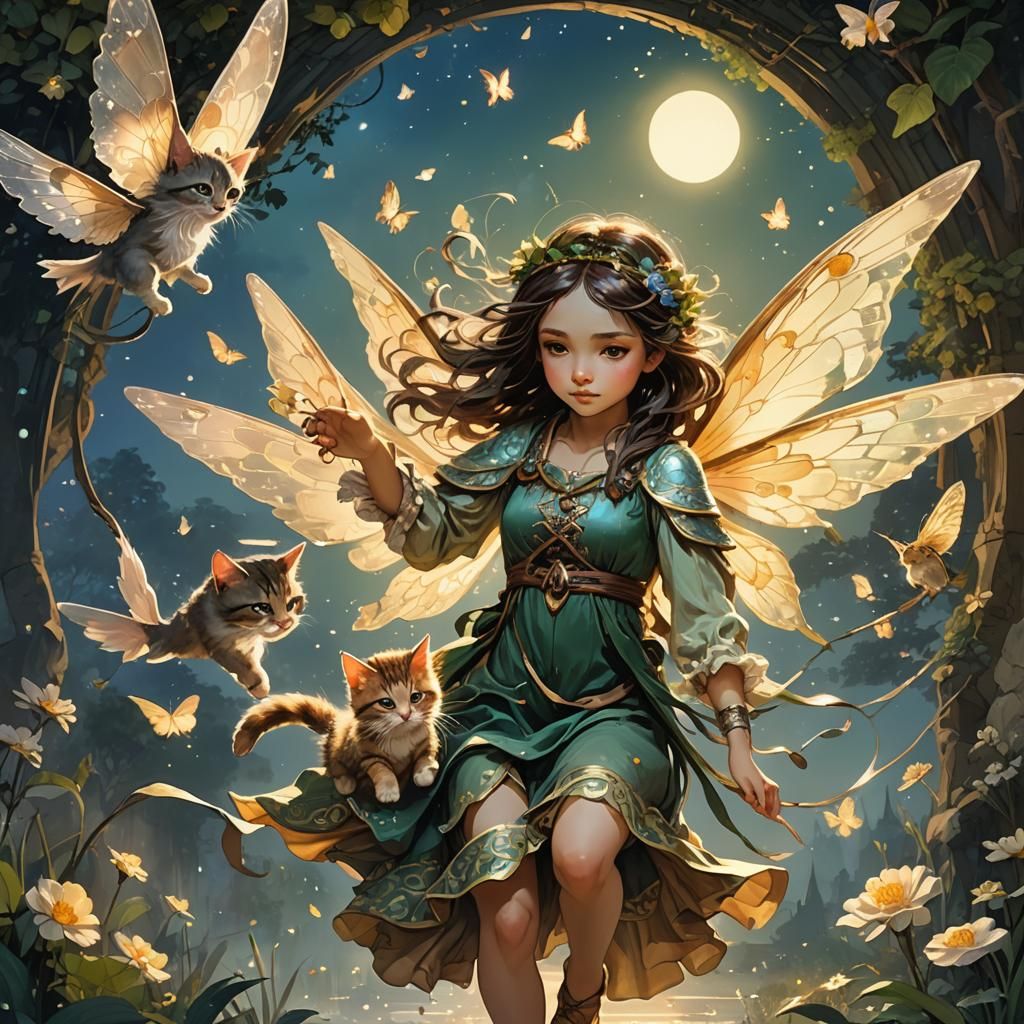 Fairy with Kitten in Dawn Light, Watercolor Art