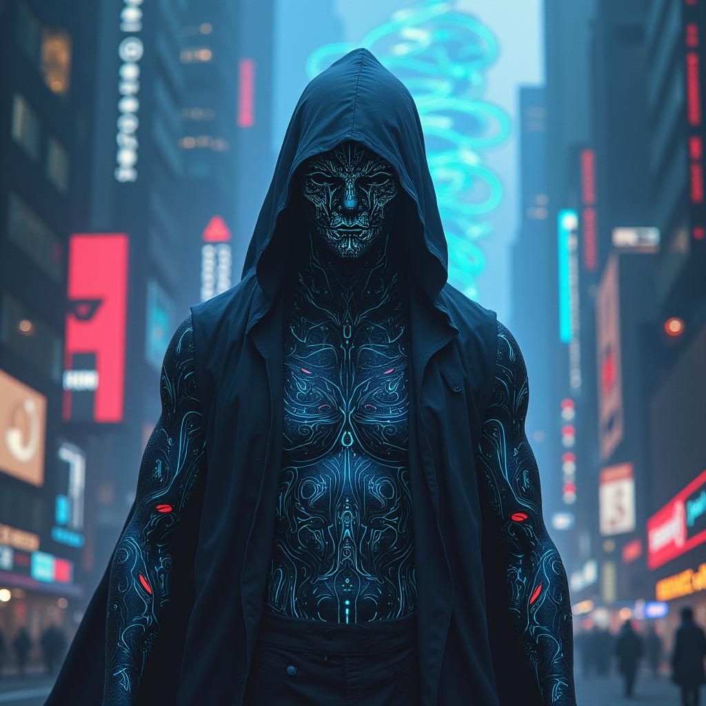 Mystical Hacker in Cyberpunk Cityscape