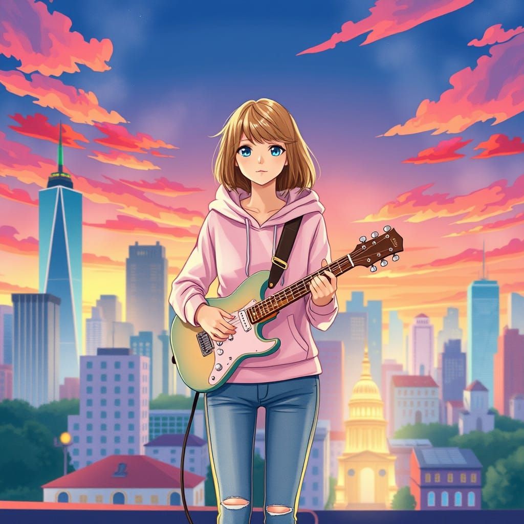 Taylor Swift in Whimsical Anime Style Sunset