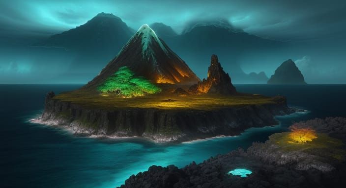 Ethereal Island in Vast Ocean at Golden Hour