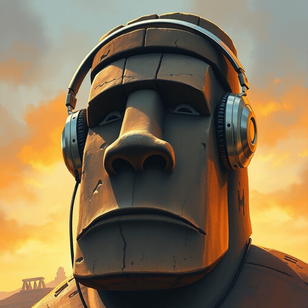 Ancient Moai Statue in Futuristic Headphones