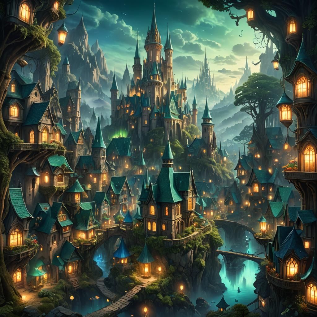 Mystical Town in Forest: Fantasy Concept Art