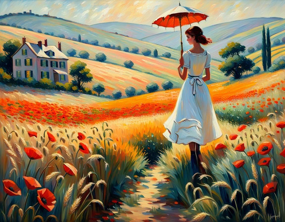 Hilltop House with Girl in Field, Neo-Impressionist Style