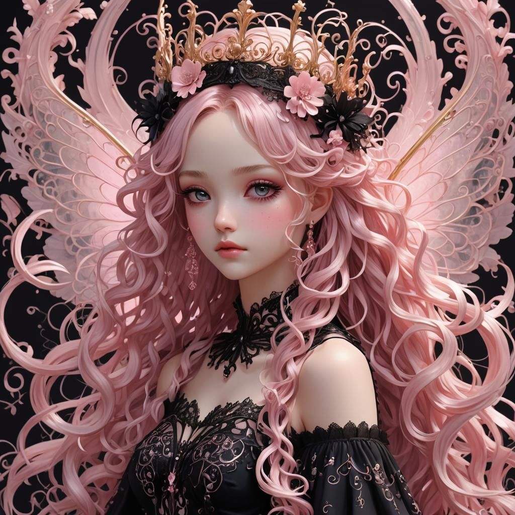 Gothic Fairy with Pink Filigree in Anime Style