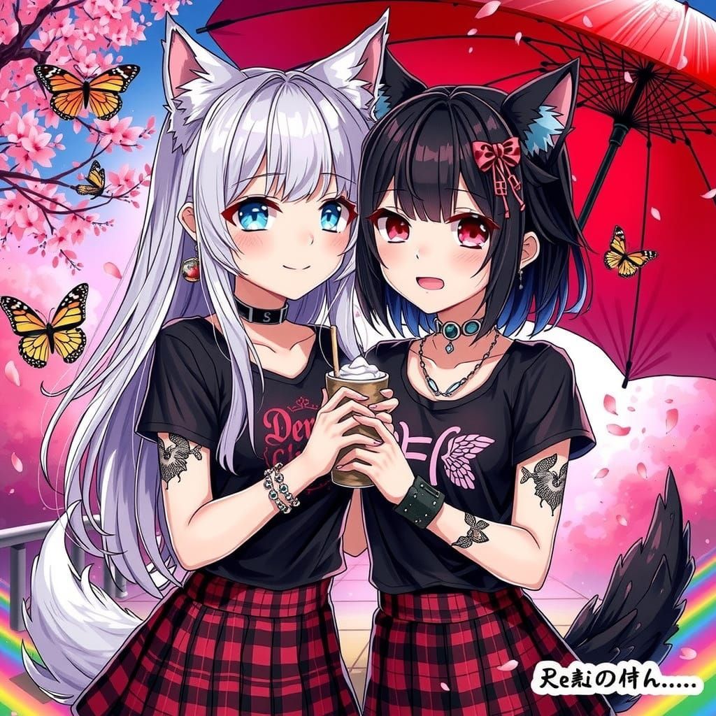 Anime Girls with Wolf Ears Under Rainbow Umbrella
