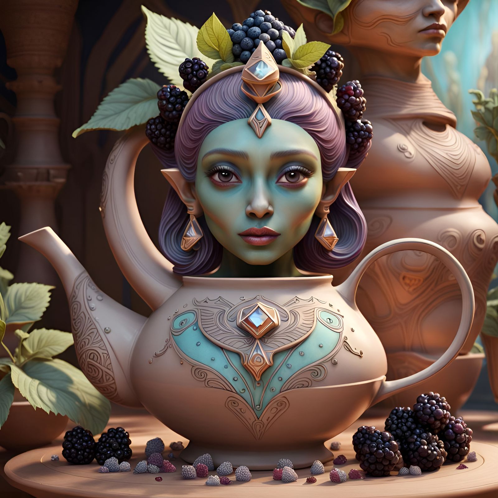 Mischievous Alien Teapot with Egyptian Sculpture, 8K