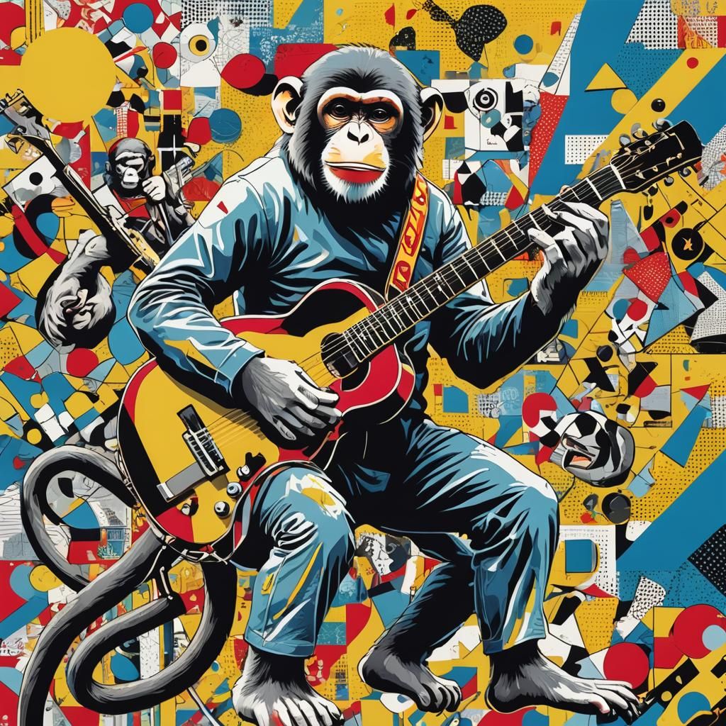 Monkey Rockstar with Guitar in Pop Art Style
