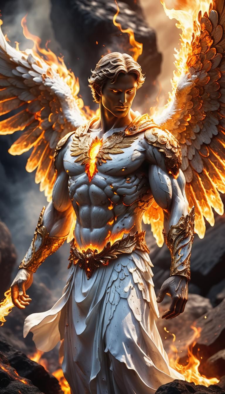 Fiery Angelic Figure in Flames, Golden Light