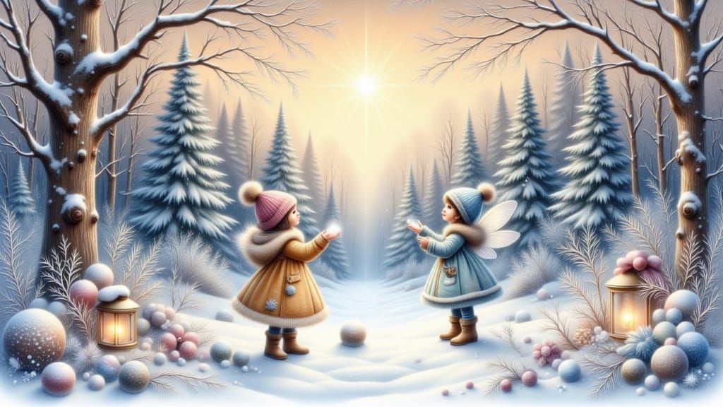 Enchanting Winter Forest with Adorable Fairies Catching Snow...