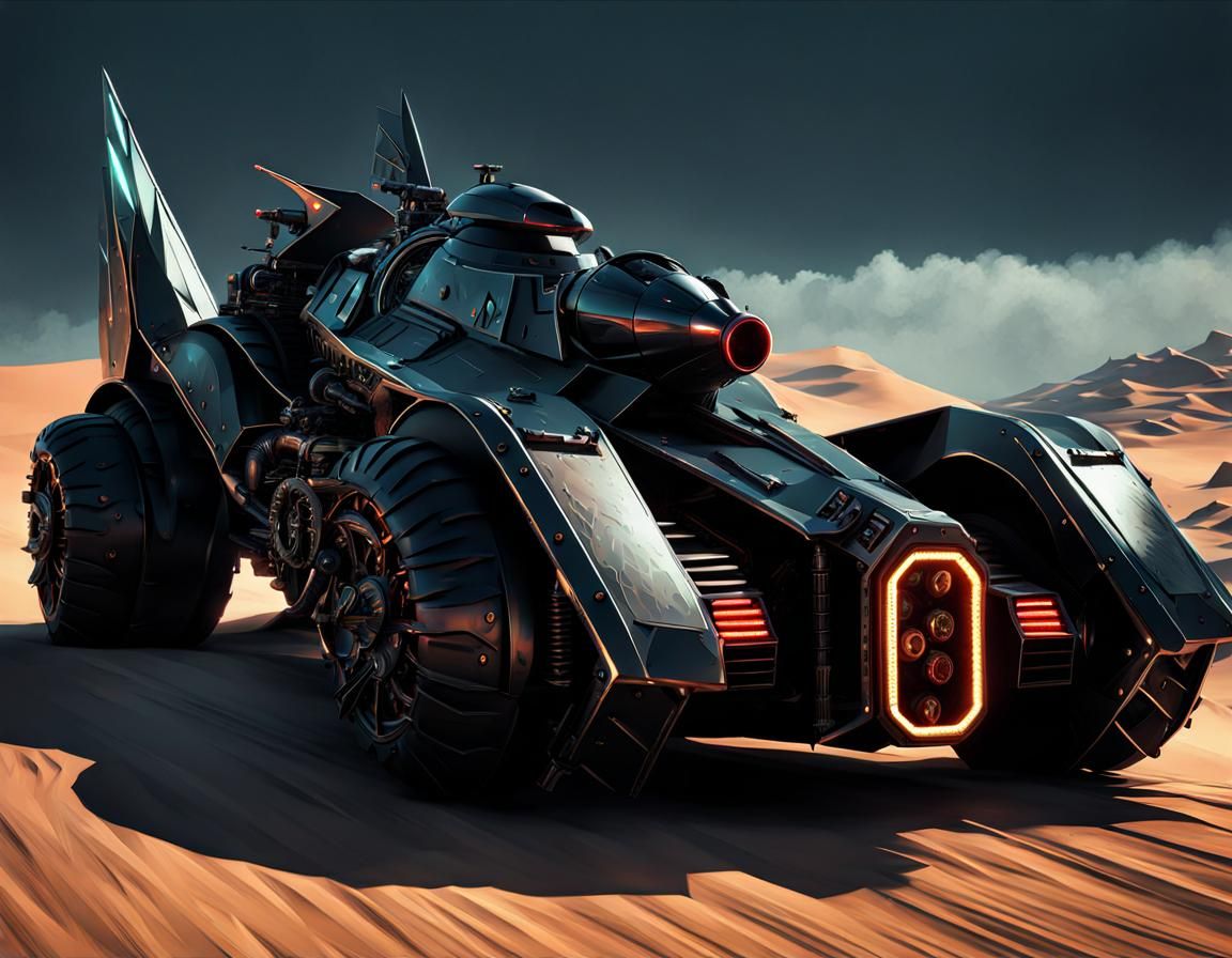 Dieselpunk Batmobile with Fractal Armor in Cyberpunk Noir
