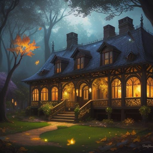 Cute Skunk Emerging From Leaves With Fireflies