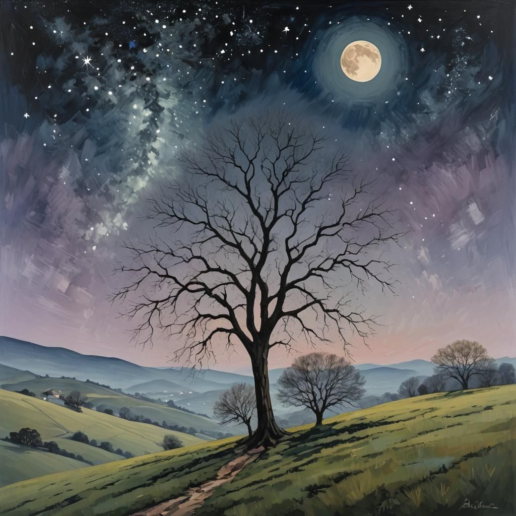 Elm Tree Under Moonlight in Abstract Art