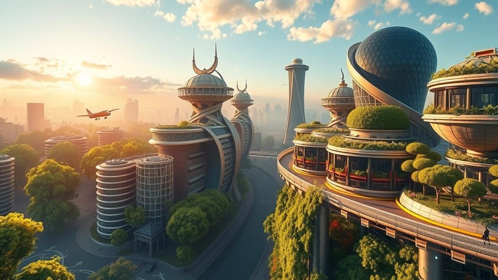 Utopian Future Without AI in Frutiger Aero Style