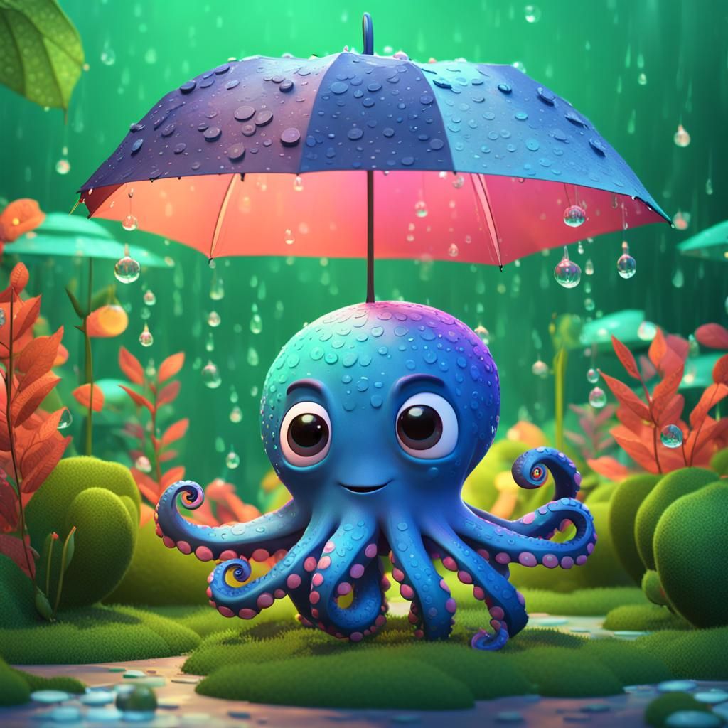 Cute Octopus in Rainy Garden: Pixar-Style 3D Art