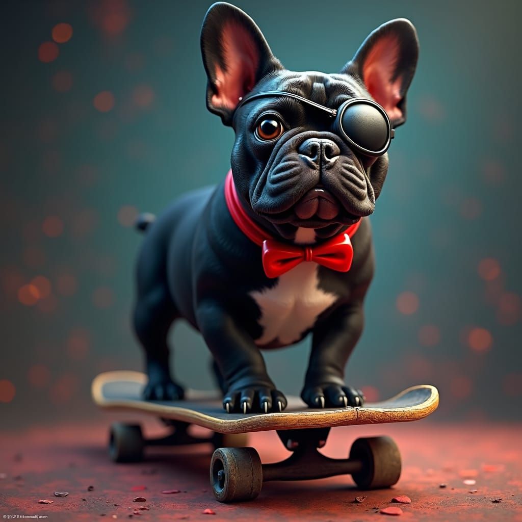 Bulldog Rides Skateboard: Hyper-Realistic Digital Art