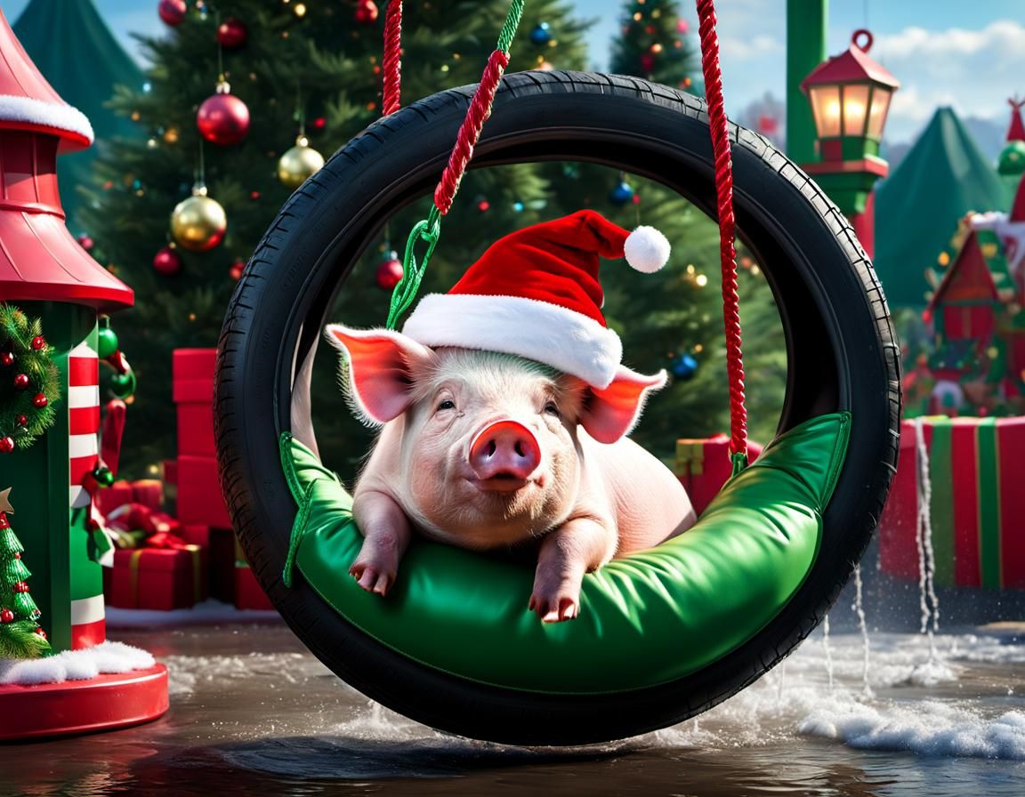 Christmas Pig Stuck in Tire Swing: Hyperrealistic Art