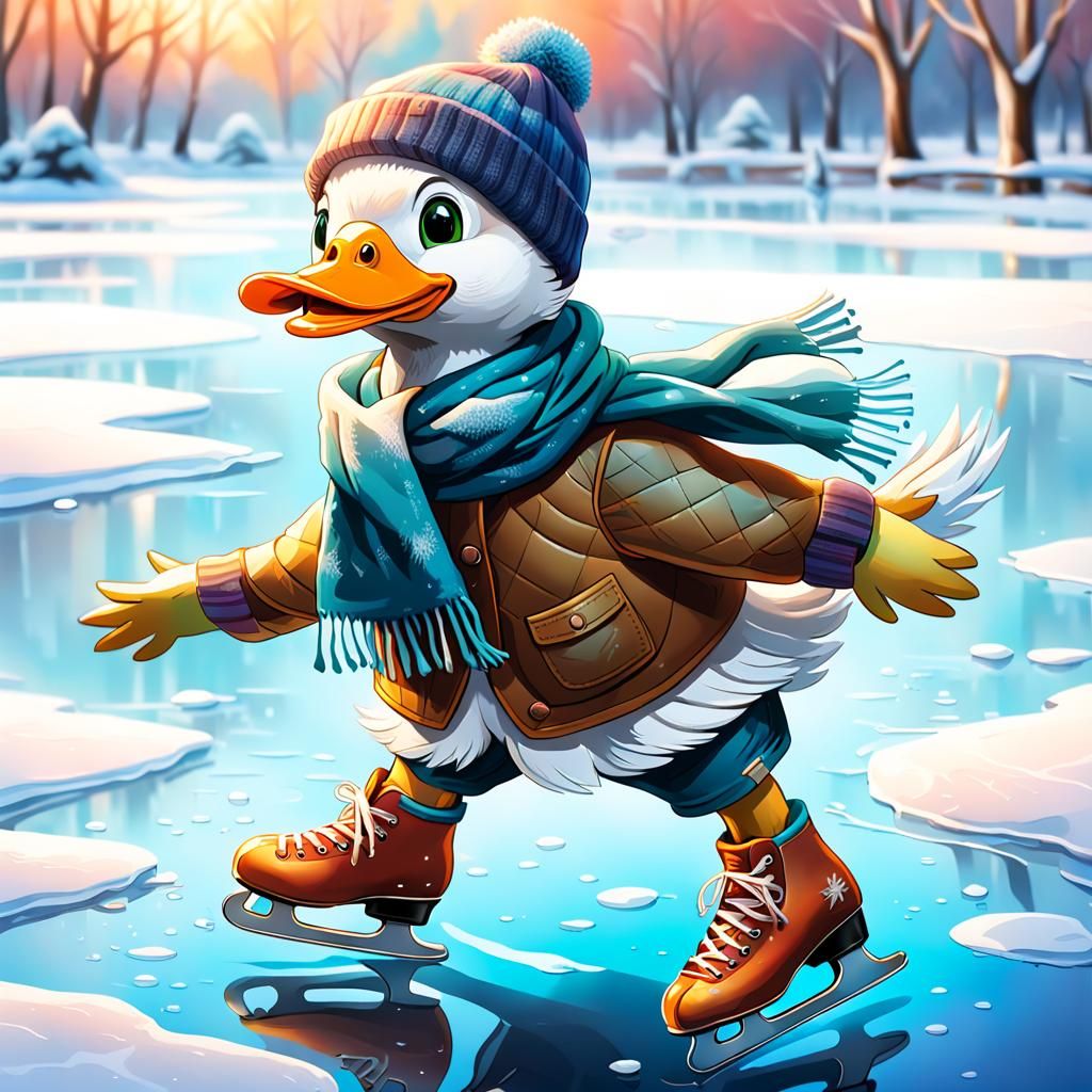 Duck Ice Skating on Frozen Pond: Hyperrealistic Splash Art