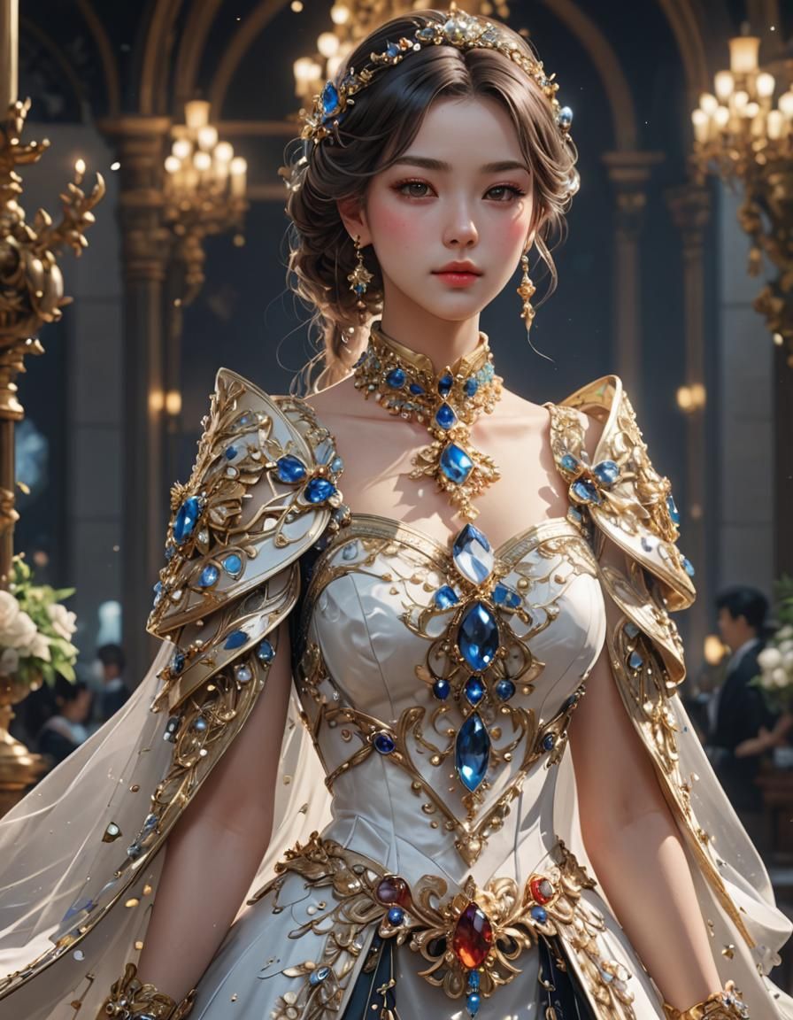 Anime Woman in Jewel-Encrusted Gown, 3D Render