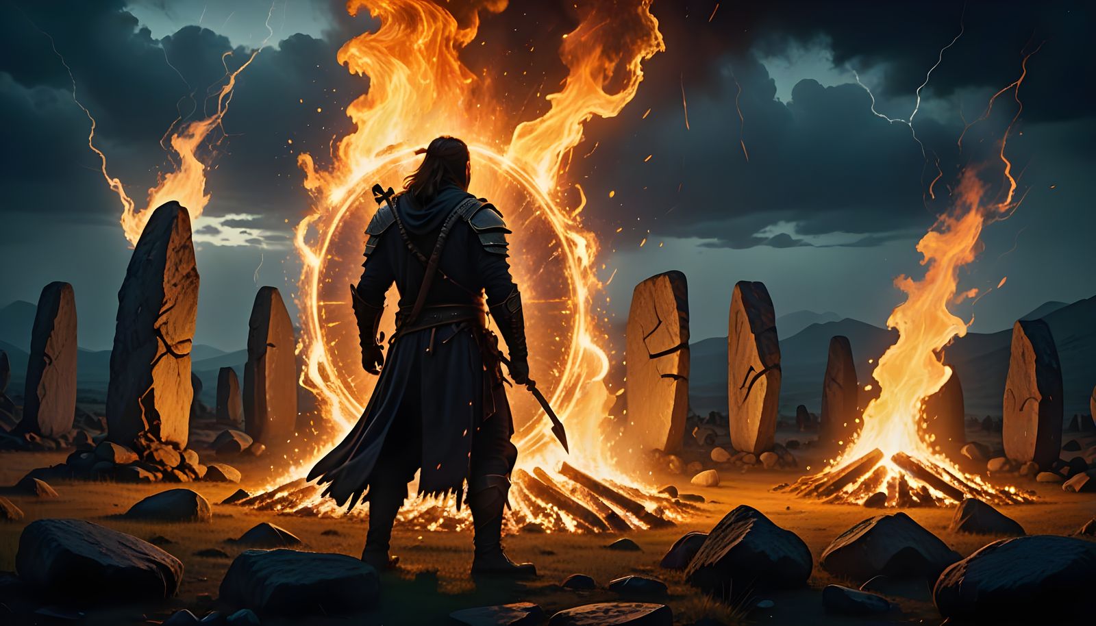 Mystical Warrior Illuminated by Golden Flames in Ancient Sto...