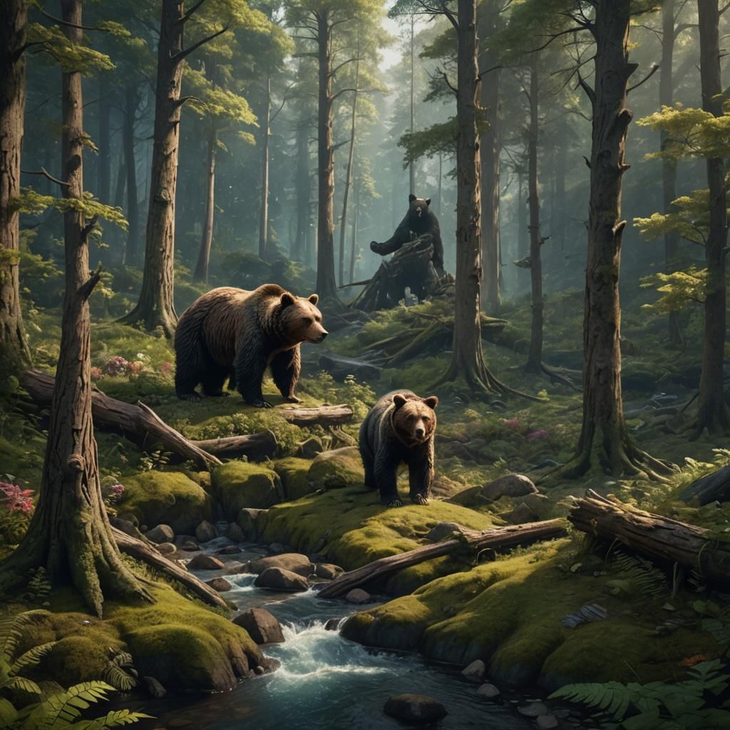Bear in Woods: Detailed Matte Painting