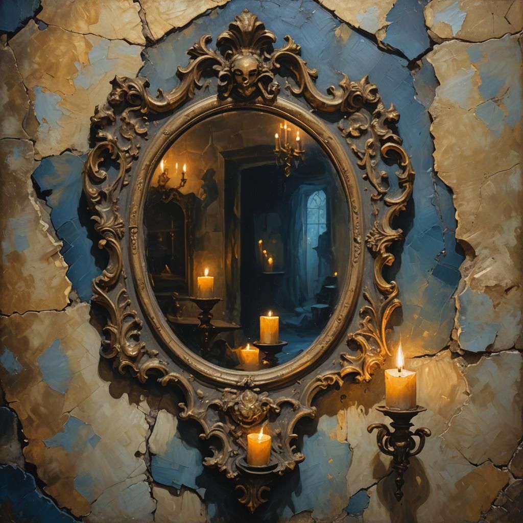 Mystical Ancient Mirror Reflecting Ghostly Figures