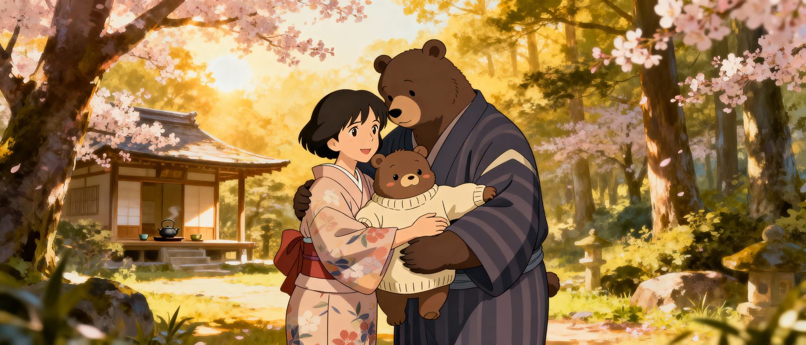 Anime Bear Family in Kimonos and Cozy Sweaters