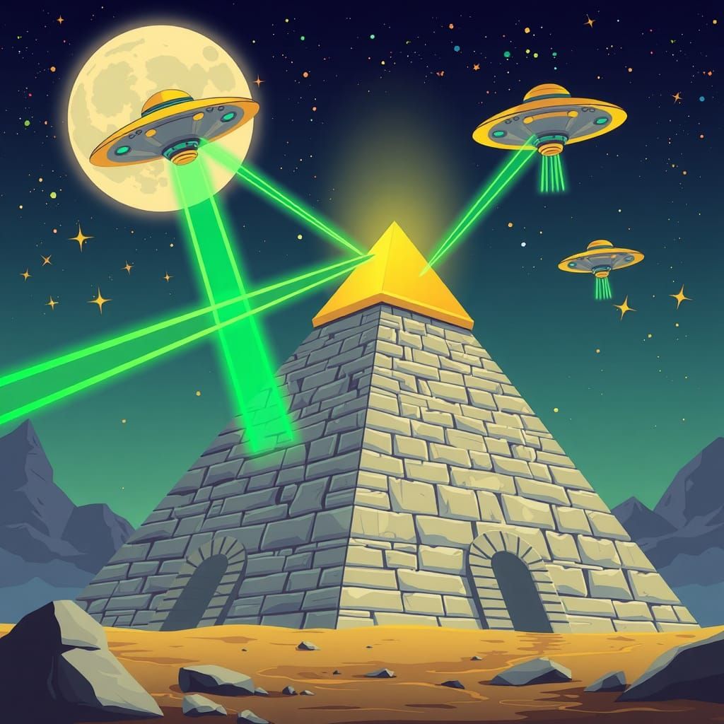 Aliens Build Pyramid Under Starry Night Sky