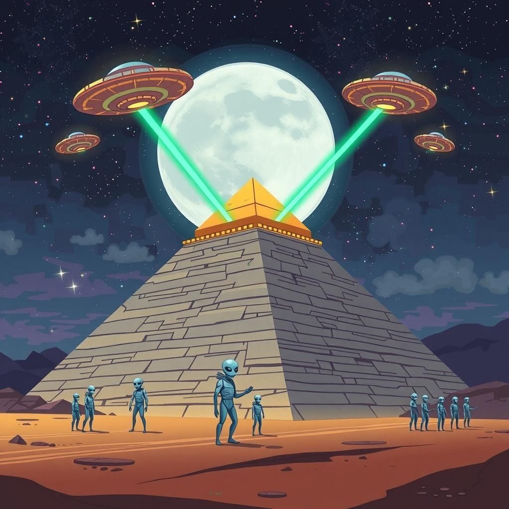 Aliens Build Pyramid Under Starry Night Sky