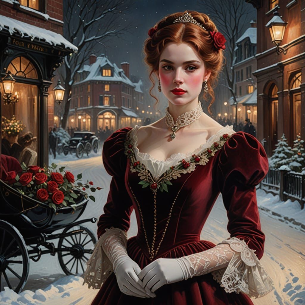 Victorian Woman in Velvet Gown with Auburn Hair