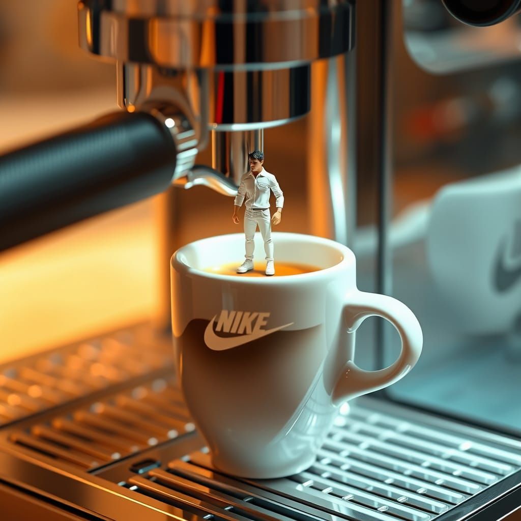 Miniature Man on Espresso Cup, Pixar-Style 3D Art