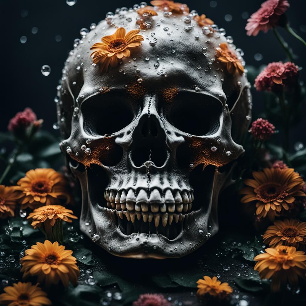 Floral Skull Close-Up Portrait with Dew Drops