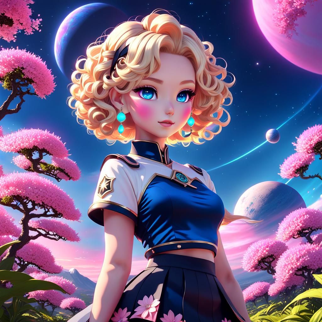 Anime Girl on Alien Planet in 3D Style