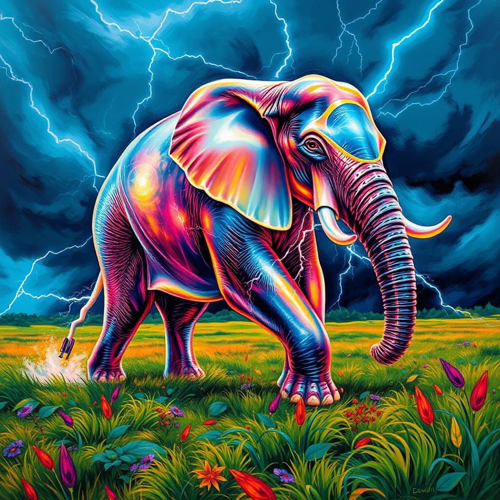 A translucent elephant, with lightning snaking across its bo...