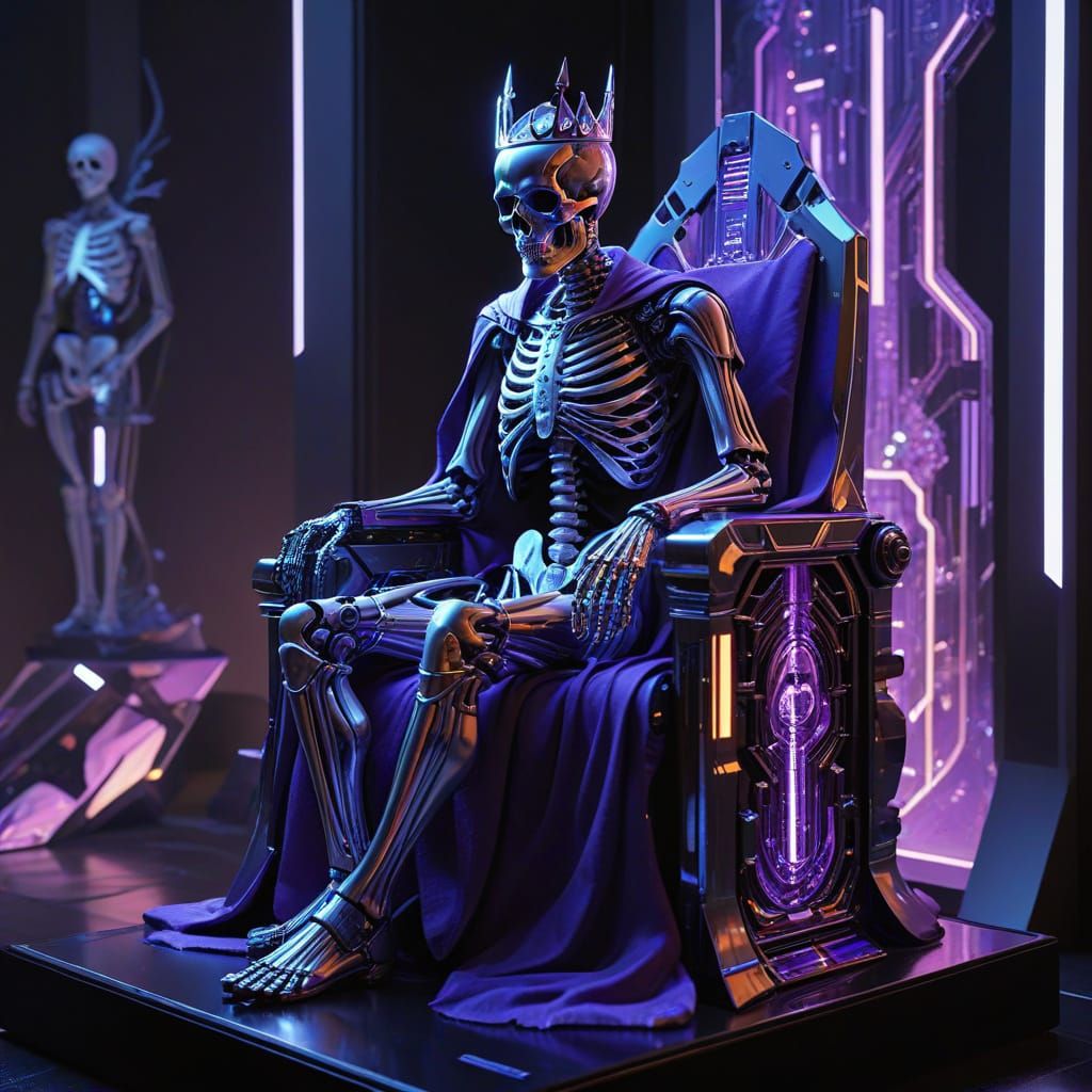 Regal Skeleton on Chrome Throne with Neon Lights
